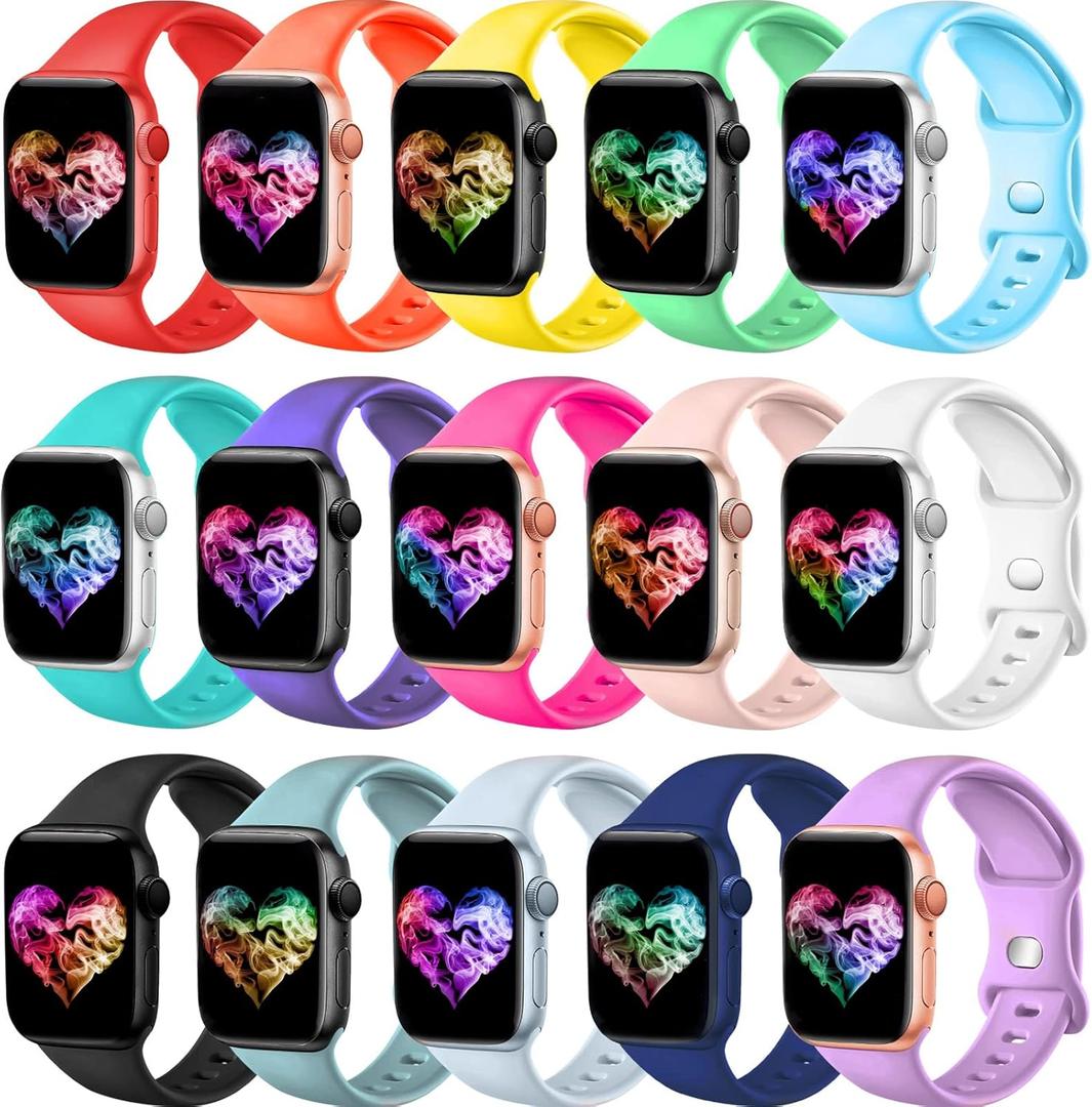 15Pack Watch Bands Compatible for Apple Watch Band 38mm 40mm 41mm 42mm 44mm 45mm 46mm 49mm Women Men, Soft Silicone Sport Band Strap for iWatch Bands Series Ultra 11 10 9 8 7 6 5 4 3 2 1 SE (Multiple Colors)