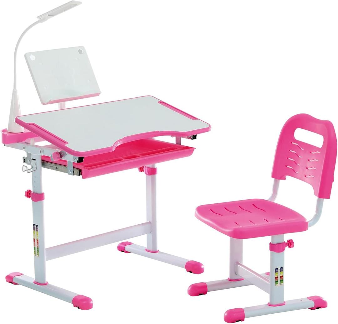 Diroan Kids Functional Desk and Chair Set, Ergonomic Height Adjustable Children School Study Desk with Tilt Desktop, Book Stand, LED Light, Metal Hook and Storage Drawer for Boys Girls(Pink) (Large)