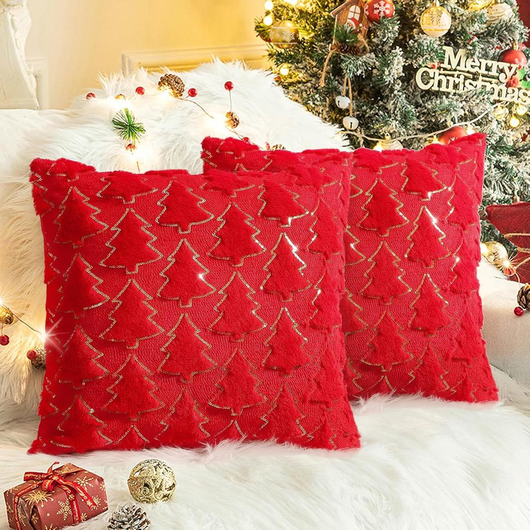Christmas Throw Pillow Covers 18 x 18 Inch Set of 2, Red Christmas Tree with Gold Sequins, Winter Holiday Faux Fur Pillowcases Decor for Home Couch Sofa