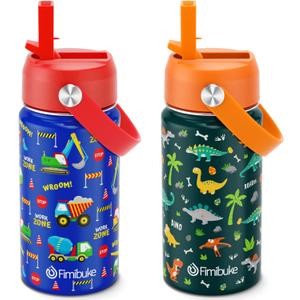 Fimibuke Kids Insulated Water Bottle, 14oz BPA FREE Double Wall Vacuum Tumbler 18/8 Stainless Steel Leak Proof Kids Cups with Straw Metal Bottles for School Boys Girls (2 Pack, Trucks/Green Dinosaur)