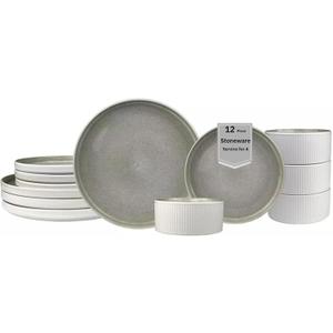 Sango 4 Pieces Stoneware Fluted Dinnerware Set, Modern Cream Dishes for 4, Premium Serving Plates and Bowls Sets, Chip & Scratch Resistant, Ceramic Kitchen Dish, Microwave & Dishwasher Safe, Anderson