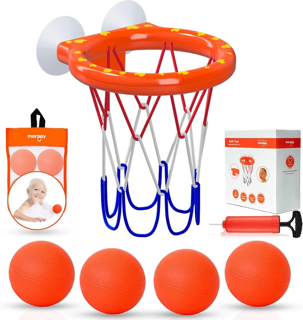 Bath Toys  Bathtub Basketball Hoop for Toddlers, Kids, Boys and Girls | 4 No-Hole Balls & Strong Suction Cups | Fun Basketball Bath Toy for Toddlers