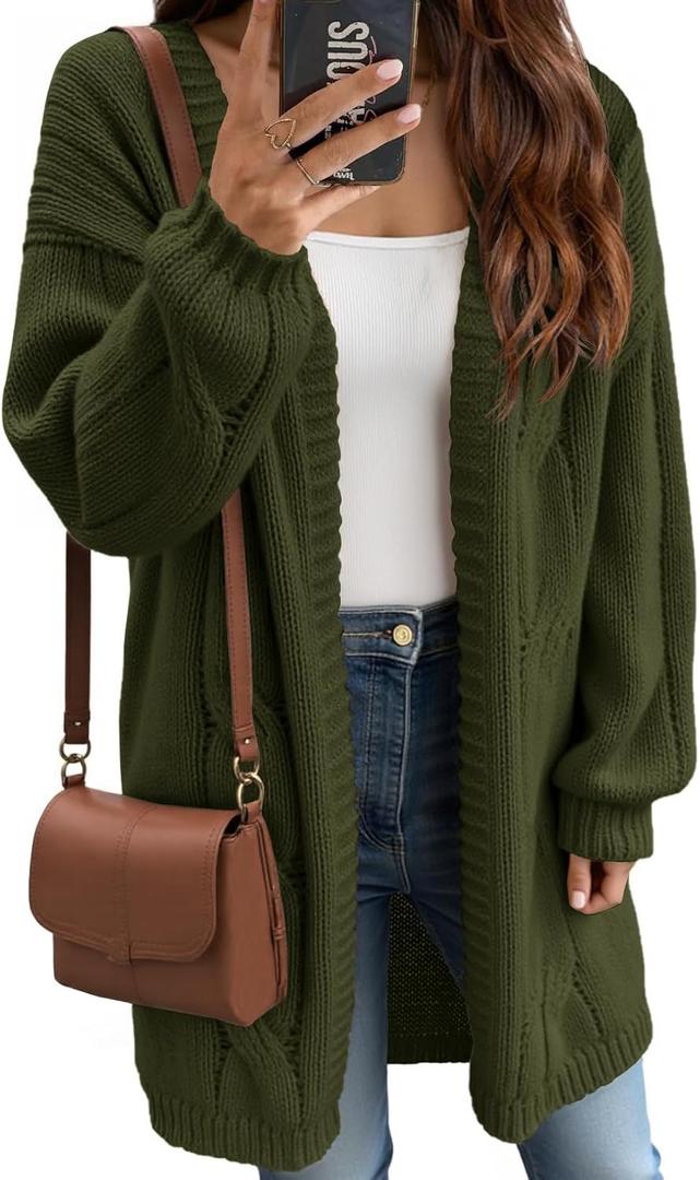 Saodimallsu Womens Fall Cable Long Cardigans Lantern Sleeve Knit Open Front Chunky Loose Fit Sweater Coats (Medium, Army Green)