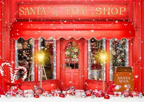 DePhoto Red Christmas Photo Backdrop Santa's Toy Shop Candy Cane in Snow World Xmas Family Holiday Party Banner Photography Background Supplies Decor Studio Prop PGT673A 7x5ft