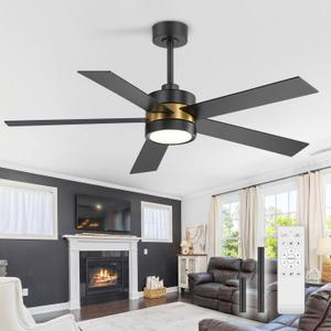 Ceiling Fan with Light, 52 Inch Modern Industrial Ceiling Fan with Reversible DC Motor, Downrod Mount Black and Gold Ceiling Fans LED Lights for Living Room Bedroom (Matte Black & Gold)