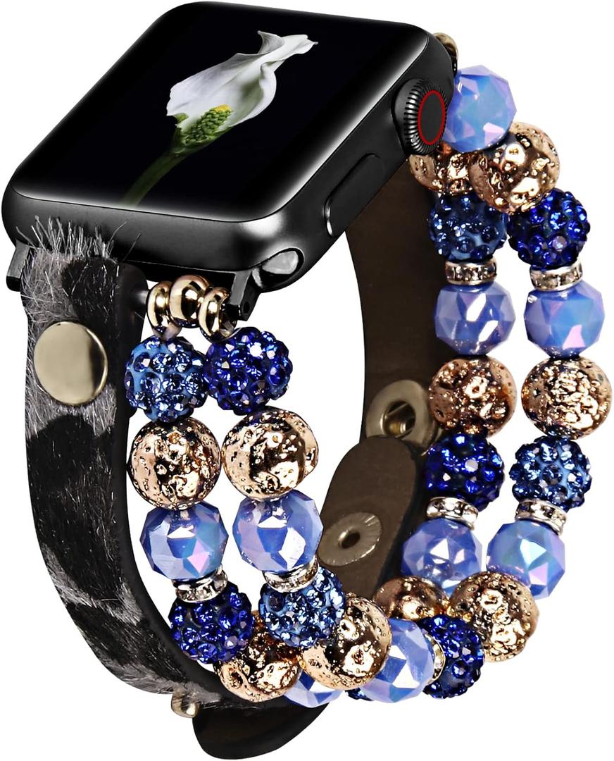 VIQIV Bracelet Band Compatible with Apple Watch Ultra Band 45mm 44mm 49mm 42mm 41mm 40mm 38mm Series 8 7 6 5 4 3 2 1 for Women Girls, Fashion Multi-Wraps Elastic Glitter Beaded Leopard Leather Strap for iwatch Bands