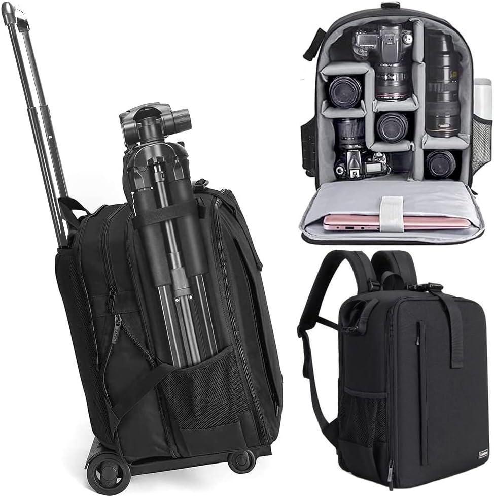 Cwatcun Camera Backpack Trolley Case Bag with Tripod Holder Anti-Theft Waterproof Camera Bag fits 15.6' Laptop for Canon Nikon Sony DSLR SLR Camera for Women Men Photographer (Black)