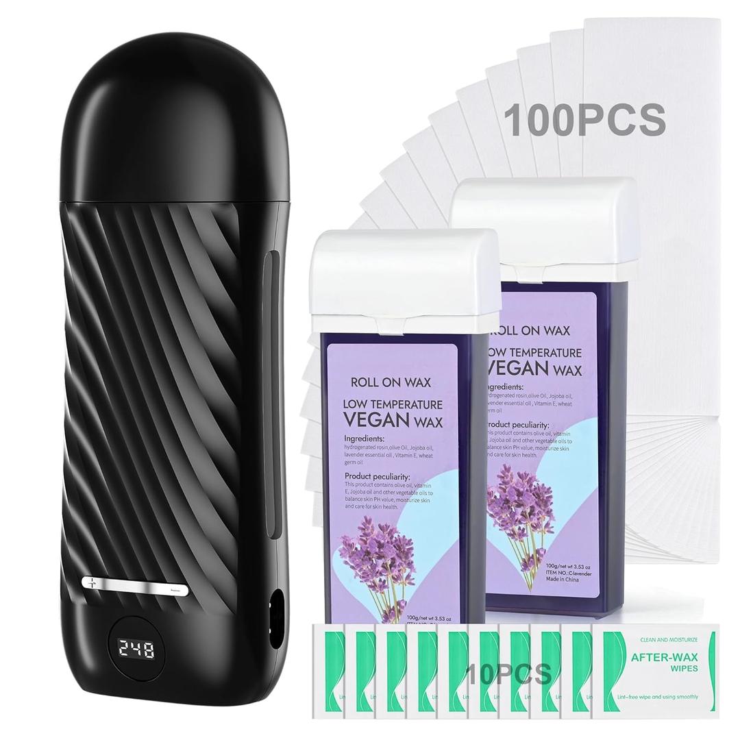 Roll On Wax Kit for Hair Removal, Wax Roller Kits with 2 Honey Soft Wax Cartridge & 100 Non-Woven Wax Strips, Safe, Effective, Roll On Hair Removal Kit, Portable Wax Heater