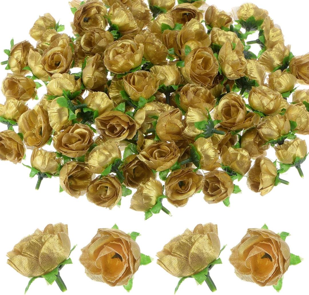 M METERXITY 100-Pack Artificial Roses Heads, 1.2 Inch Small Silk Faux Rose Head for Wedding/Bouquet/Party Decorations, Fake Bloom Flower Heads Buds [Gold Tone]