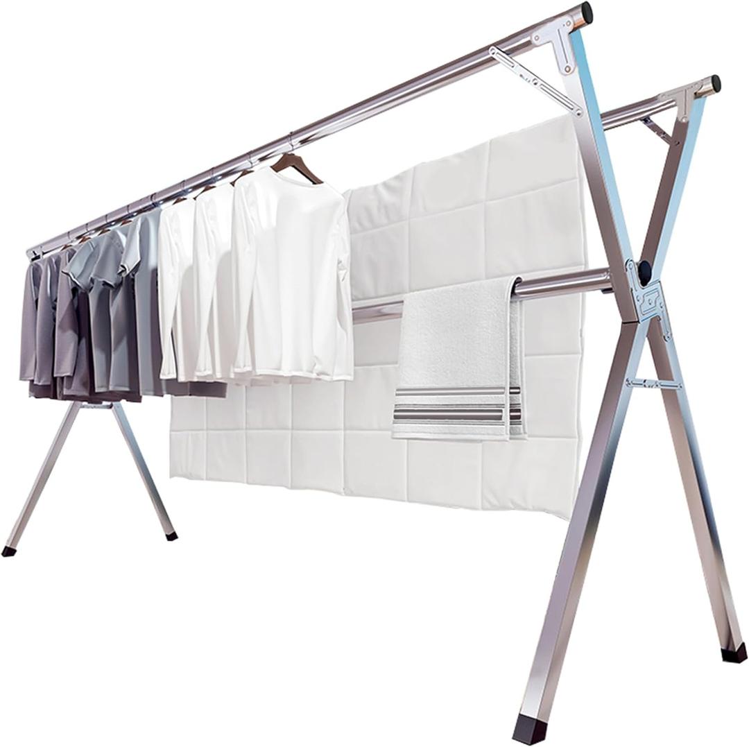 JAUREE 79 Inches Clothes Drying Rack, Drying Rack Clothing Folding Indoor Outdoor, Heavy Duty Stainless Steel Laundry Rack, Foldable Portable Large Clothes Rack Garment Rack with 20 Windproof Hooks (Silver)