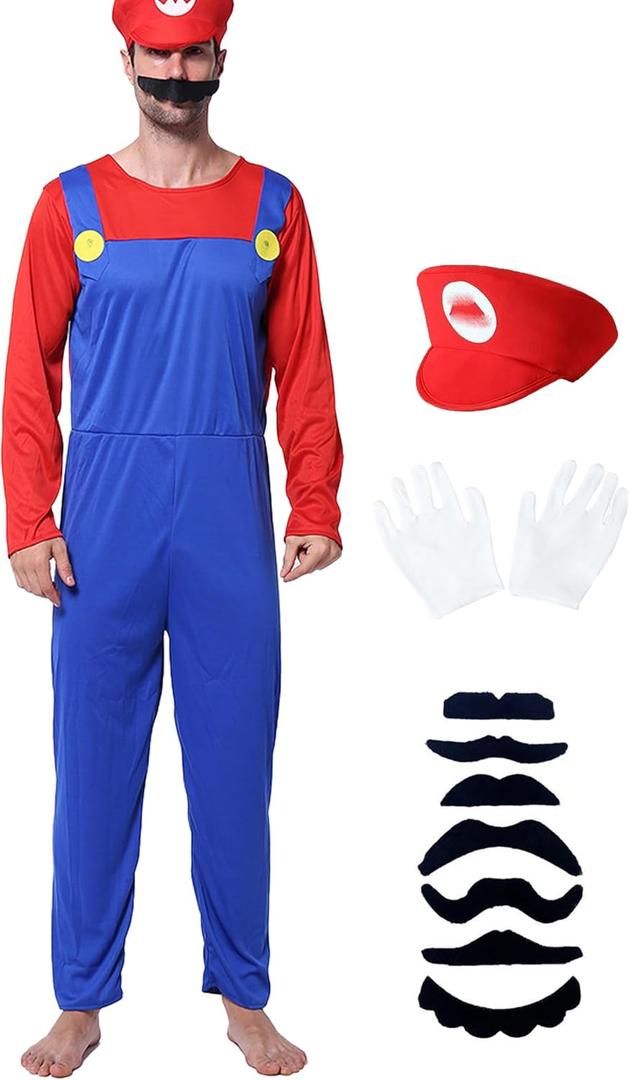 Halloween Costume Adult Plumber Jumpsuit with Hat Gloves Moustache Costume Accessories Set (Blue, S)