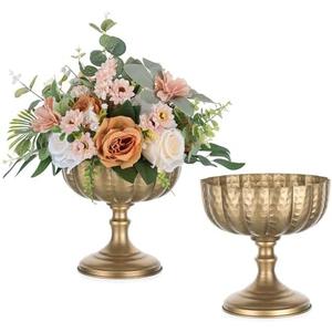 Sziqiqi Gold Urn Vase for Wedding: 7.9in Brass Centrepieces Distressed Compote Vases for Table Decorations - Set of 2 Metal Flower Arrangement for Floral - Pedestal Bowl Decor for Party Anniversary
