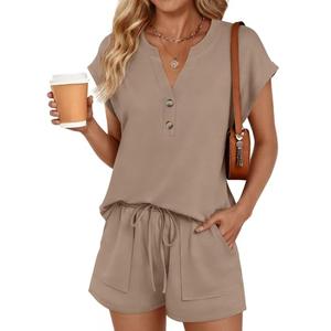 LILLUSORY Womens 2 Piece Summer Short Sets 2026 Vacation Spring Beach Matching Airport Travel Outfits Lounge Wear Sweat Suits Dark Khaki 2XL