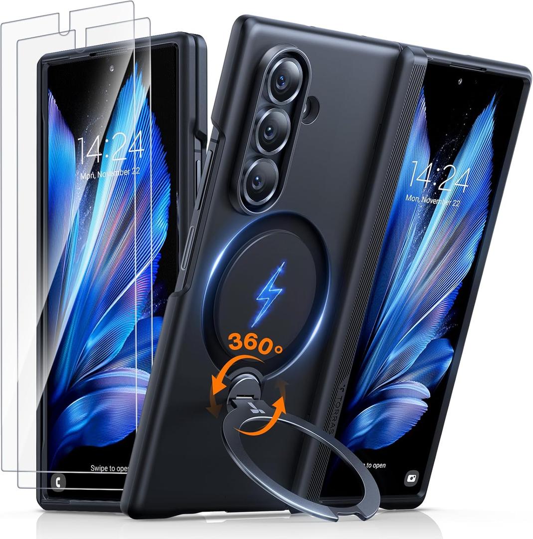 TORRAS 360 Spin Magnetic Stand for Galaxy Z Fold 7 Case, MILGrade Hinge Protection, Fit for Magsafe, 360 Kickstand & Ring Holder, Armor Hard Slim Case for Samsung Galaxy Z Fold 7, Black