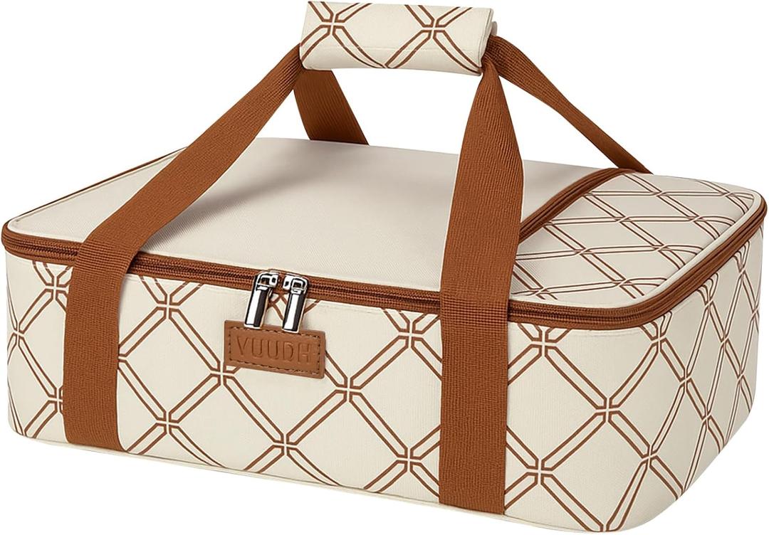 Vuudh Casserole Carrier Bag, Single Insulated Food Bag, Hot Cold Lasagna Holder Tote for Picnic, Potluck or Travel, Lightweight Picnic Bag (Beige-01)