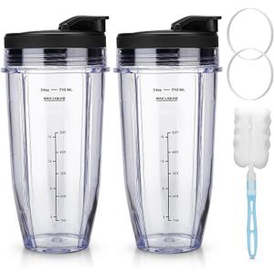 Ninja Blender Cups Replacement 24 oz Cups Kit with Sip & Seal Lids BL450 BL480 BL486 BL487 BL492 BL494 BL642 BL682 NN100 BL2012 (24oz Cups with Spout Lids)
