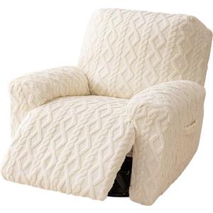 Recliner Chair Covers 4-Pieces, Soft Stretchable Slipcovers with Elastic Straps, Oversized Plush Furniture Protector, White, Storage Pocket on Arm Cover