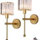 Modern Glass Crystal Wall Sconces Battery Operated Set of 2, Gold Rechargeable Wall Lights with Remote,Non Hardwired Clear Wall Lighting Fixture Brass for Bedroom Bathroom Living Room Porch