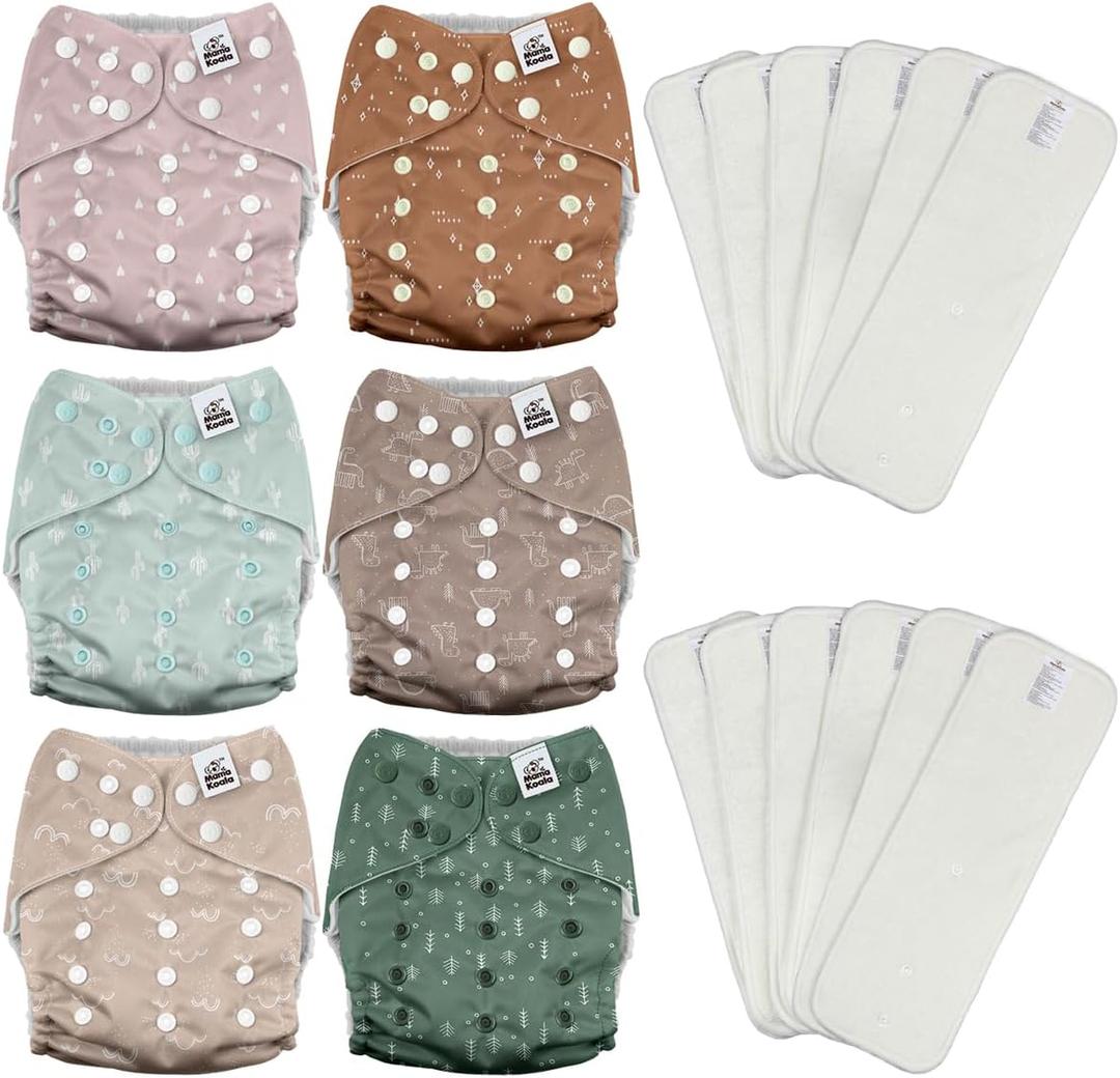 Mama Koala 3.0 Cloth Diapers for Babies with AWJ Lining, 6 Pack with 12 5-Layer Bboo(No Microfiber) Cloth Diaper Inserts - Reusable and Washable Pocket Diapers(12-My Warm Heart)