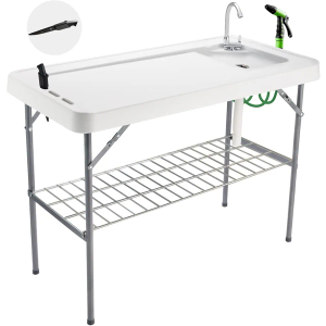 Folding Fish Cleaning Table Portable Camping Sink Table with Faucet Drainage Hose & Sprayer Outdoor Fish Fillet Cleaning Station with Grid Rack & Knife Groove for Picnic Fishing, Grey