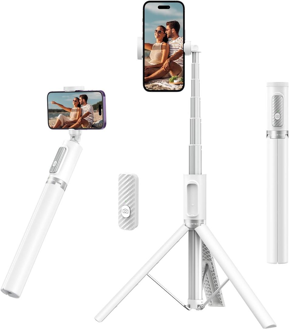 ATUMTEK 55" Selfie Stick Tripod, All-in-one Extendable Aluminum Phone Tripod with Rechargeable Bluetooth Remote, 360 Rotatable for iPhone 15 Pro Max/15/14/13 Samsung Smartphones, White