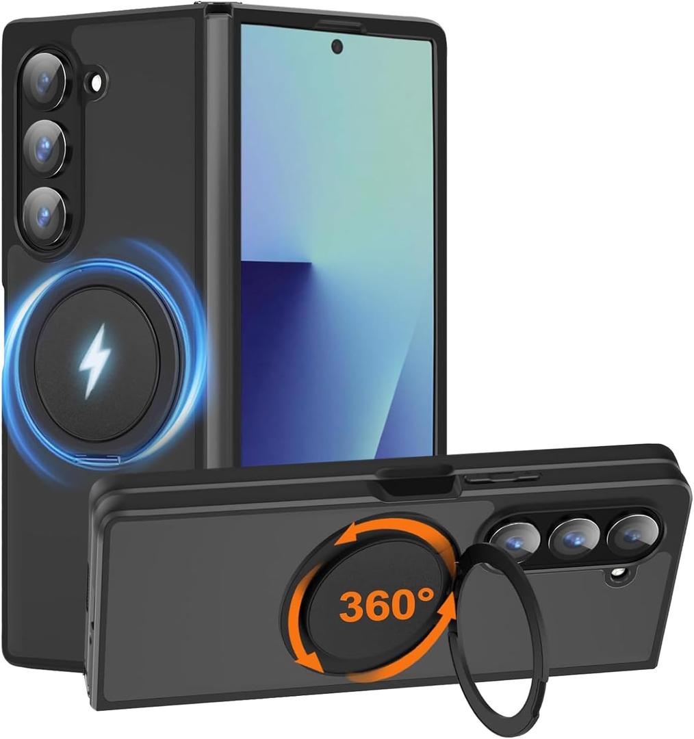 HikerClub for Galaxy Z Fold 7 (2025) Magnetic Stand Case, 360 Rotatable Ring Holder, Slim Fit Anti-Scratch Translucent Frosted Black Shockproof Cover
