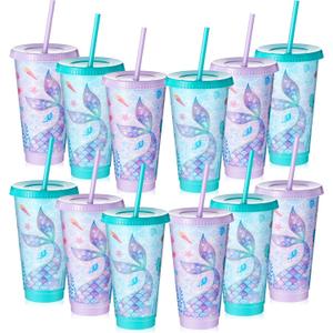Uiifan 12 Pcs Mermaid Party Cups with Lid and Straw 24oz Mermaid Birthday Decorations Tail Shell Starfish Reusable Cup for Birthday Baby Shower Ocean Party Supplies