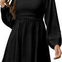 HYPERFIRE Women's Square Neck Long Sleeve Bubble Mini Dress Pleated Smocked A Line Wedding Dresses, Black Small