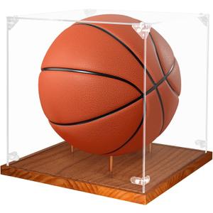 Clear Acrylic Basketball Display Case with Wood Base & Tee, Memorabilia Stand Cube Holder, Dust Protection Transparent Storage Box for Single Ball Souvenir Basketball Collections (1 Pack)