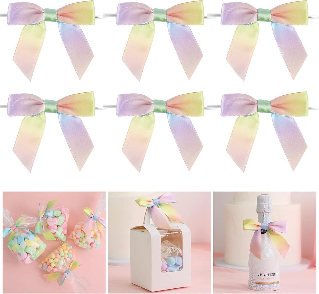 AIMUDI Pastel Ribbon Bows for Easter's Day Decorations 3.5" Satin Ribbon Twist Tie Bows for Treat Bags Premade Bows for Crafts Cake Pops, Wedding Decorations, Baby Shower, Gift Wrapping - 50 Counts