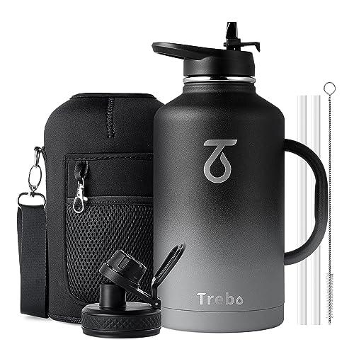 Trebo Half Gallon Water Bottle Insulated with Handle, 64 oz Double Wall Stainless Steel Metal Large Jug, Travel Flask with Straw Spout Lid, Mug Tumbler with Carry Pouch, Keep Cold Hot, Dark Gray