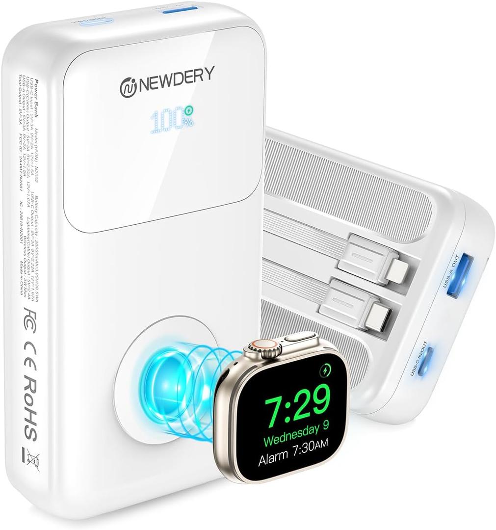 NEWDERY 20000mAh Portable Charger for Apple Watch,5-in-1 Power Bank Built-in Cables,PD 20W Fast Charging Travel Battery Pack with USB C Cable for iWatch,iPhones,iPad,Samsung More Phones Tablets (White)