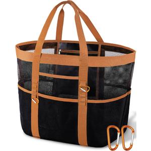 Chic & Spacious XX-Large Beach Bag for Women  12 Pockets, Waterproof Mesh, Foldable, Includes 2 Carabiners (Black and Brown)