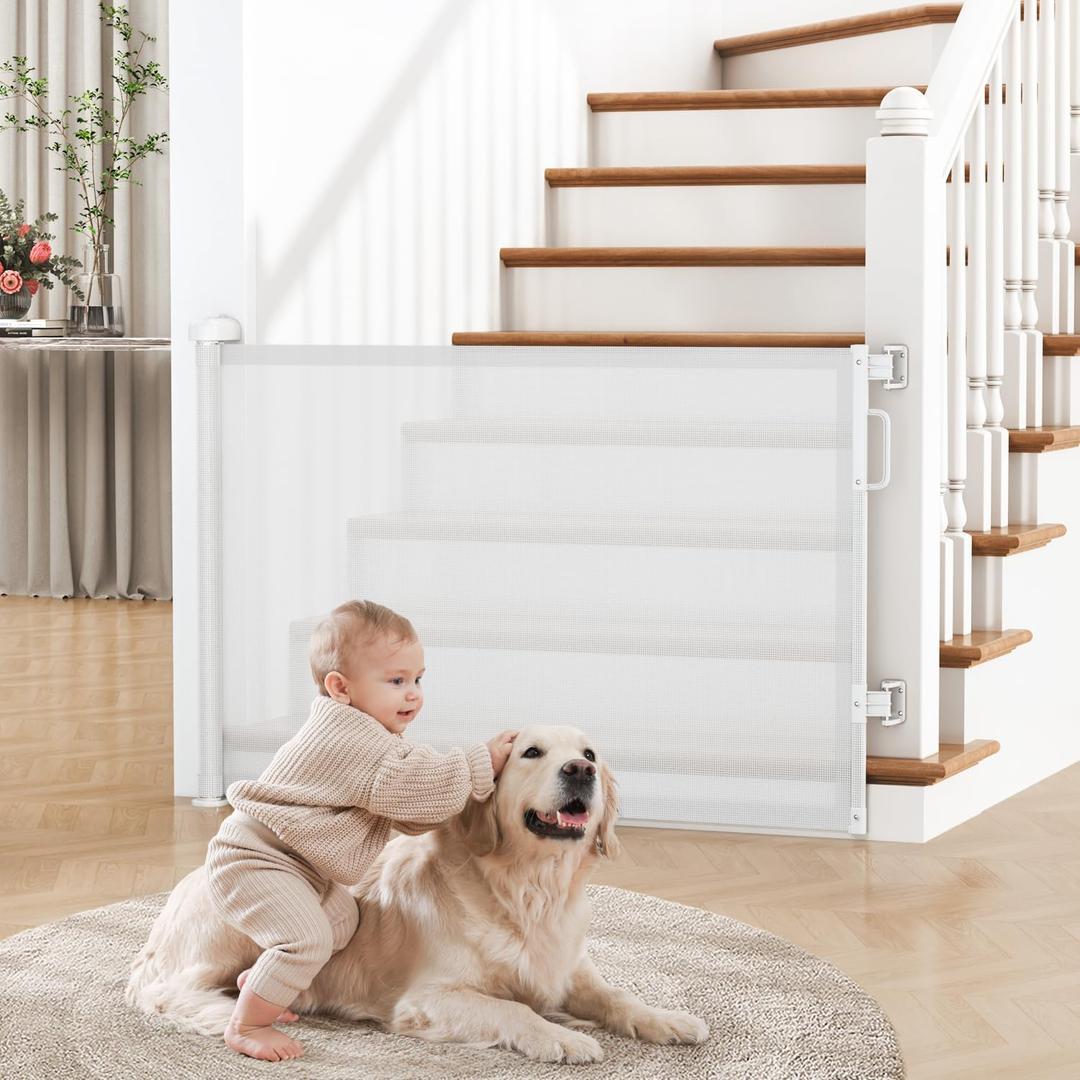 Cideny Retractable Baby Gate for Stairs, 55" Wide Mesh Dog Gate Indoor, 34'' Tall Child Gate for Doorways, Hallways, Deck, Indoor Outdoor Pet Baby Safety Essentials for Home, White