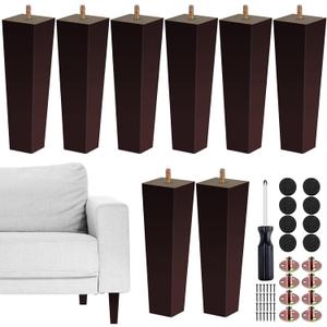 TURSTIN Set of 8 Furniture Legs 8 Inch Square Solid Wood Couch Legs Replacement Sofa Legs Mid Century Furniture Feet for Armchair Bed Dresser Cabinet Include Installation Hardware, Brown