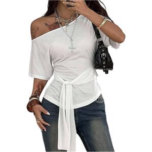 Floerns Women's Going Out Off The Shoulder T Shirts Tie Front Short Sleeve Hanky Hem Casual Tee Tops (White, S)