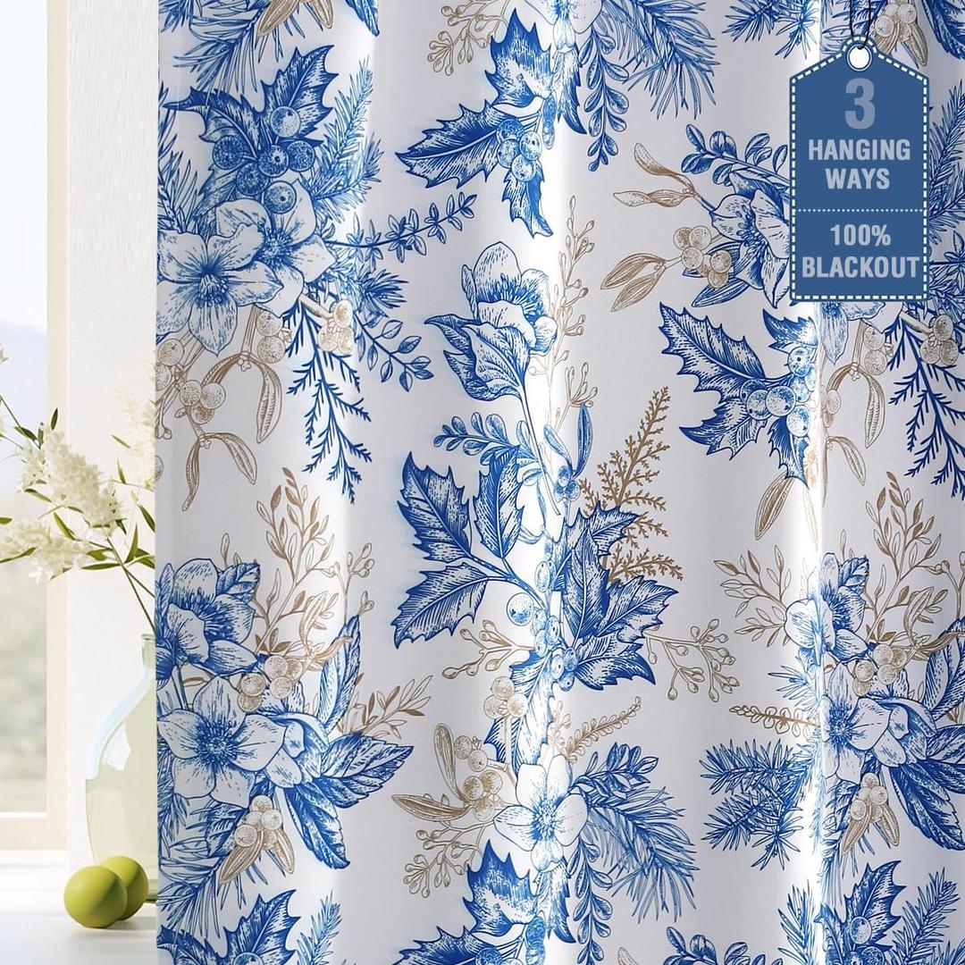 H.VERSAILTEX 100% Blackout Curtains 63 inch Length Vintage Floral Printed Drapes Thermal Curtains for Bedroom with Black Liner Back Tab/Rod Pocket Curtains for Living Room, 2 Panels, Blue and Wheat