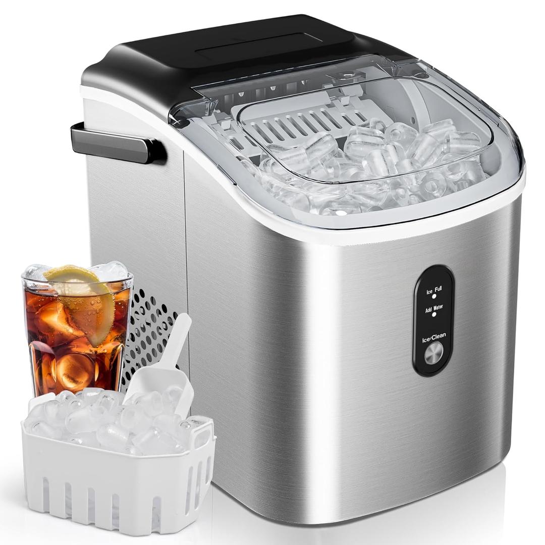 EUHOMY Ice Maker Countertop, Portable Ice Machine with Carry Handle, 26.5lbs Per Day, 9 Cubes in 6 Mins, Auto-Cleaning, with Basket and Scoop, for Home, Kitchen, Camping, RV (Silver) (Stainless Steel Silver)