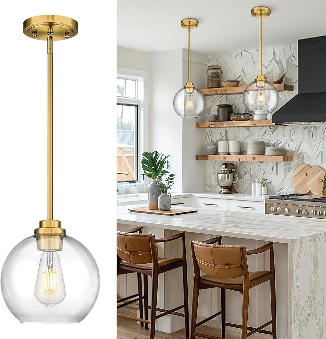 Gold Pendant Lights Kitchen Island, 8" Pendant Light Fixtures with Globe Clear Glass Shade, Modern Kitchen Island Lighting for Bathroom, AD-22280-1PL-GD