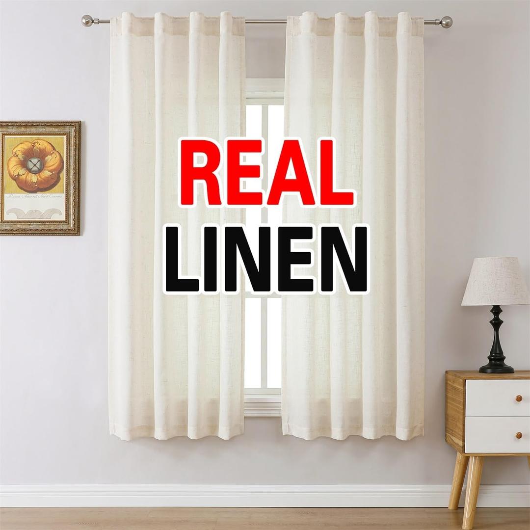 MIUCO Linen Curtains 63 Inch Length for Bedroom Living Room, Light Filtering Curtains, Modern Neutral Decor Farmhouse Drapes, Rod Pocket & Back Tab Curtains, 2 Panels 2 Tiebacks 36 Inches Wide Natural