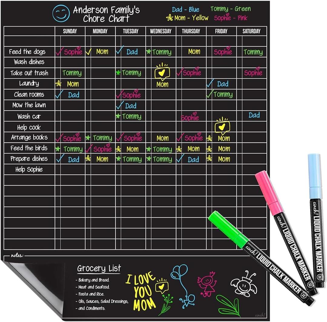 Cinch Magnetic Dry Erase Chores Chart for Kids (17x20 inches, Black) - 6 Whiteboard Markers with Magnets