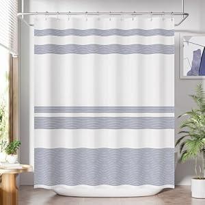 AmazerBath Striped Blue Shower Curtain, Cute Blue Stripe Bathroom Shower Curtain with 12 Shower Curtain Hooks, Rustic Fabric Blue and White, 72x72 Inches
