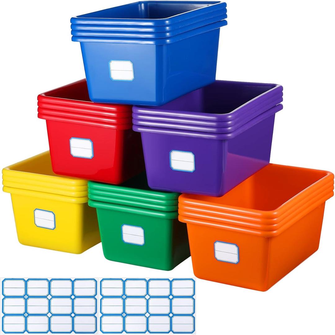Hoolerry 24 Pcs Plastic Cubby Storage Bins Classroom Cubby Organization with Self Adhesive Labels Bin Small Stackable Storage Containers Toy Book Box for School(11.5 x 7.5 x 5 Inch,Colorful)