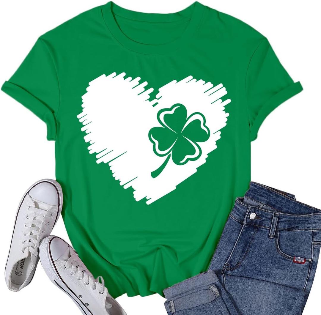 Womens St Patricks Day Shamrock T-Shirts Happy Go Lucky Shirts Irish Clover Tee Tops (Large, Green2)