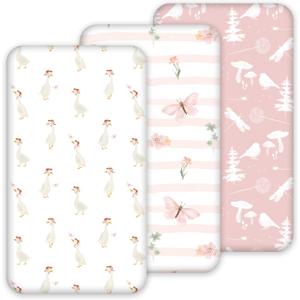 Nap Mat Sheet 47"x24", 3 Pack Pink Floral Baby Crib Sheets Fitted Elastic Corners, Preschool Day Care Rest Mat Cover, Soft Breathable - Compatible with Regalo My Cot, Joovy Travel Cot