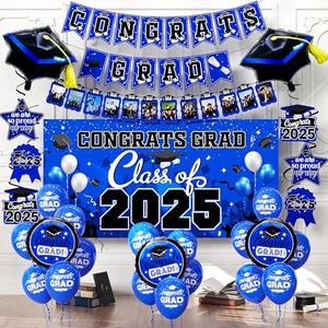Graduation decorations class of 2025,graduation backdrop sign,Congrats grad banner,Hanging Swirls,Blue grad balloons for men women graduation party decorations (Blue)