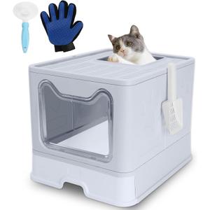ROCCS Foldable Cat Litter Box with Lid,No Smell Large Top Entry Litter Box with Cat Litter Scoop,Covered Drawer Type Kitty Potty,Including Fur Brush & Cleaning Glove,Grey 20" x 16" x 15"