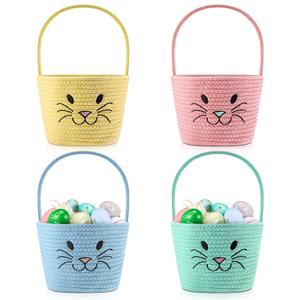 Teenyyou 4 Pack Easter Basket Woven Bunny Baskets with Handles Eggs Hunt Bucket Rabbit Cotton Rope Tote for Baby's First Easter Basket Gift for Baby Toddler Boys Girls(Vivid)