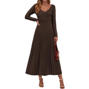 PRETTYGARDEN Women Sweater Dress Fall Fashion 2025 Long Sleeve V Neck Ribbed Knit Pleated A Line Elegant Maxi Winter Dresses (Brown)