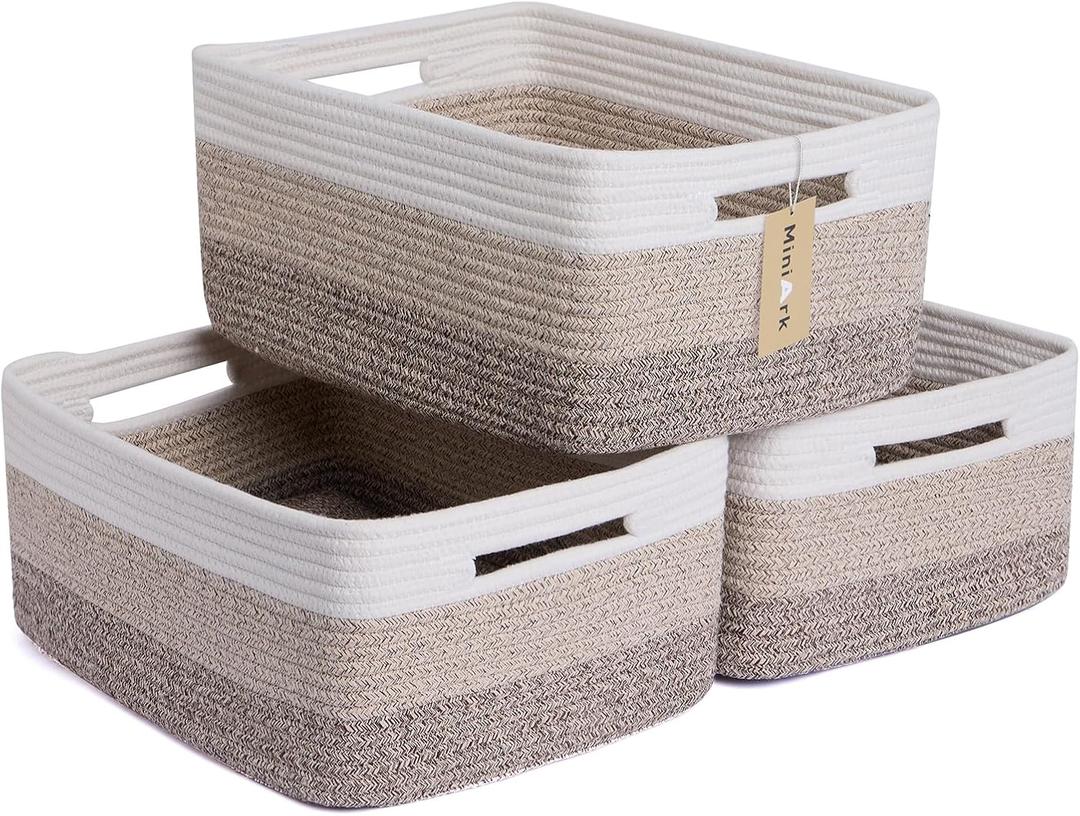 MiniArk Large Storage Baskets for Organizing, Closet Shelf Baskets for Clothes Blanket Towels, Baby Nursery, Toy Bins Box, Woven Rope Basket, 17 x 13 x 7.5, 3 Packs Gradient Brown